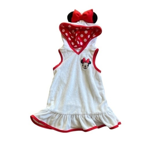 Disney Jr Minnie Mouse swimsuit cover up white red trim hood embroider Girl 18 M - Picture 1 of 7